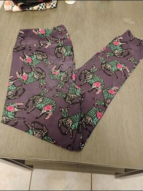 LuLaRoe Purple Leggings with Teal & Pink Elephant Print